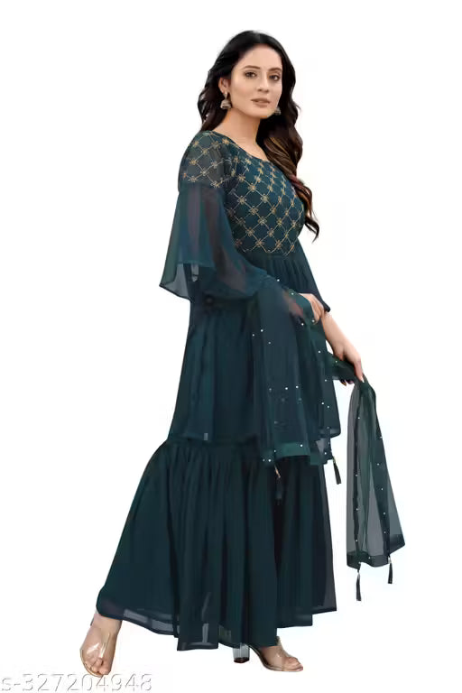 Graceful Georgette Embroidered Sharara Set-light Green