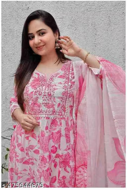 Rayon Embroidered Kurti with Pant and Dupatta Set