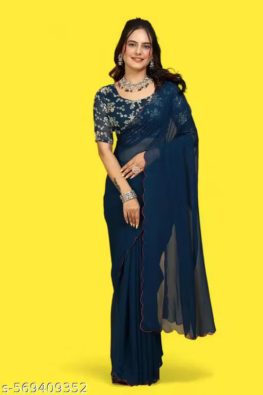 Elegant Soft Georgette Saree with Scalloped Border & Detailed Embroidery Blouse