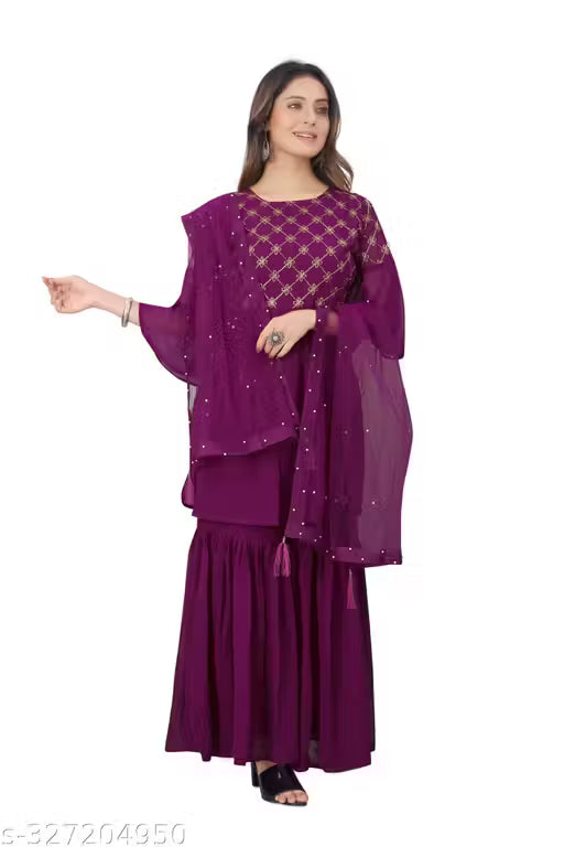 Graceful Georgette Embroidered Sharara Set-Purple