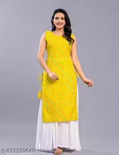 Shikha arts green leheriya sleeveless kurta & white palazzo 2pcs set (Kurta & palazzo)