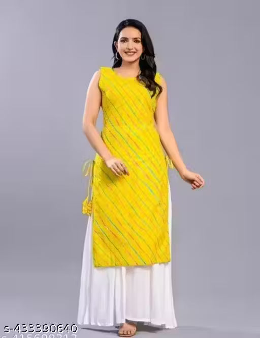 Shikha arts green leheriya sleeveless kurta & white palazzo 2pcs set (Kurta & palazzo)