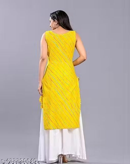 Shikha arts green leheriya sleeveless kurta & white palazzo 2pcs set (Kurta & palazzo)