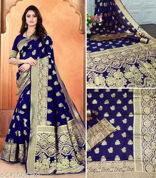 Soft Banarasi Silk Saree with Blouse-dark blue