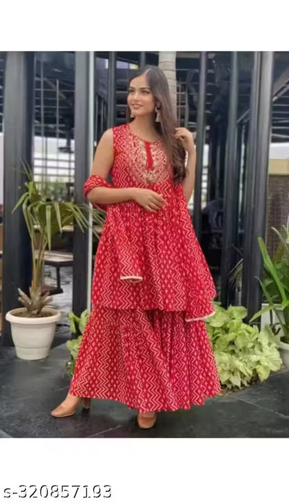 Rayon Kurta With Sharara And Dupatta Set (Red)
