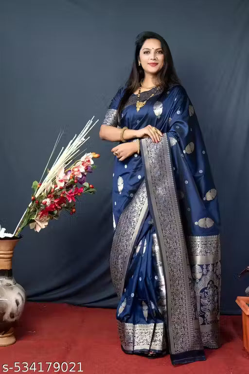Women's Kanchipuram Pure Silk Saree with Zari-blue