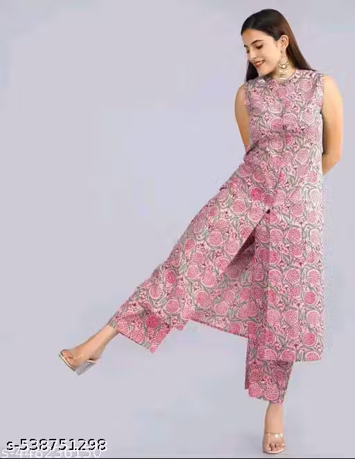 Classic Rayon Printed sleeveles Kurta With Palazzos Set For Women- Pink