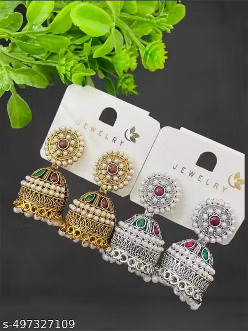 New Fashionable Silver and Gold Oxodised Rajwadi Jumakha Set (Pack Of 2)