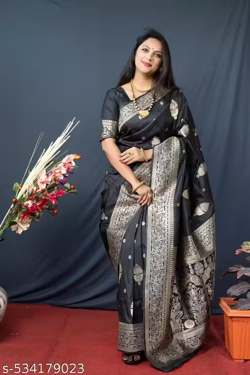 Women's Kanchipuram Pure Silk Saree with Zari-black