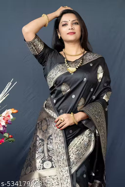 Women's Kanchipuram Pure Silk Saree with Zari-black