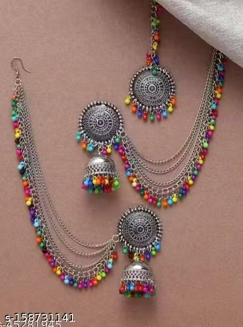 Navaratri Special Kashmiri Trible Mangtika &amp; Jhumka Earrings Set (Multi)