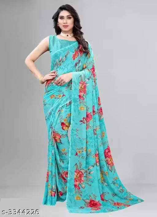 Tarzen Aqua Blue Saree With Blouse