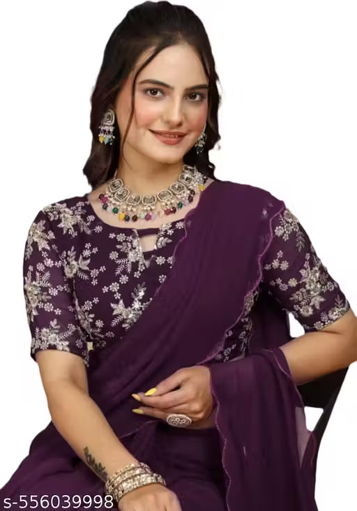 Georgette Saree with Floral Print and Embroidery