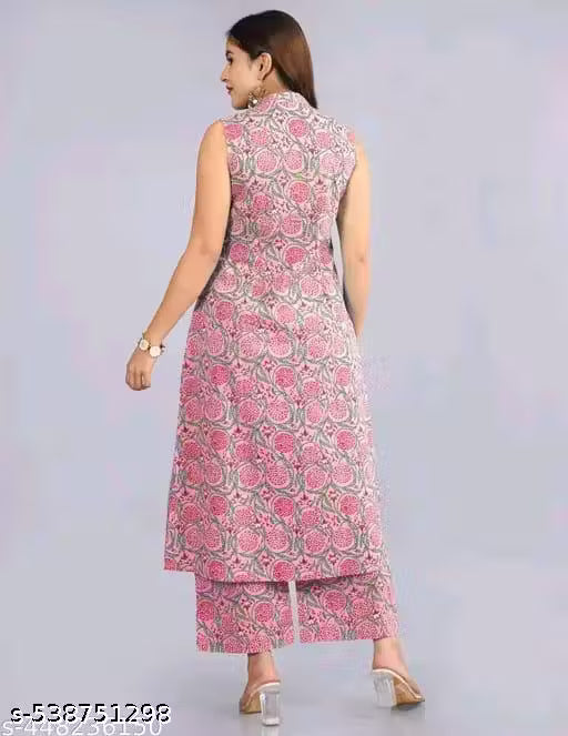 Classic Rayon Printed sleeveles Kurta With Palazzos Set For Women- Pink