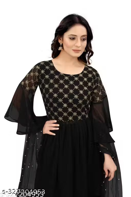 Graceful Georgette Embroidered Sharara Set-Green-Black