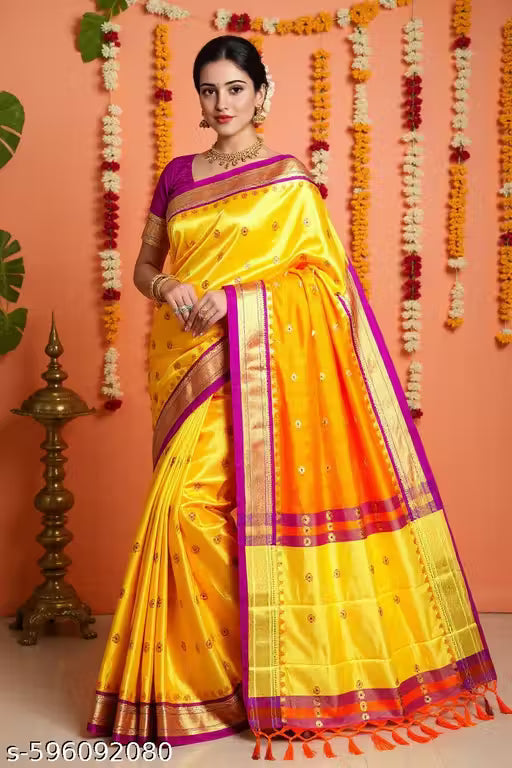 Paithani Cotton Silk Sarees With Contrast Blouse Piece (Mango & Purple)