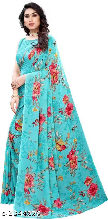 Tarzen Aqua Blue Saree With Blouse