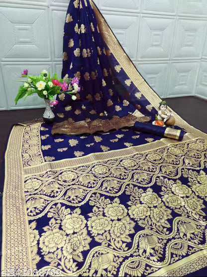 Soft Banarasi Silk Saree with Blouse-dark blue