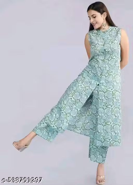 Fancy Rayon Printed sleeveles Kurta With Palazzos Set For Women