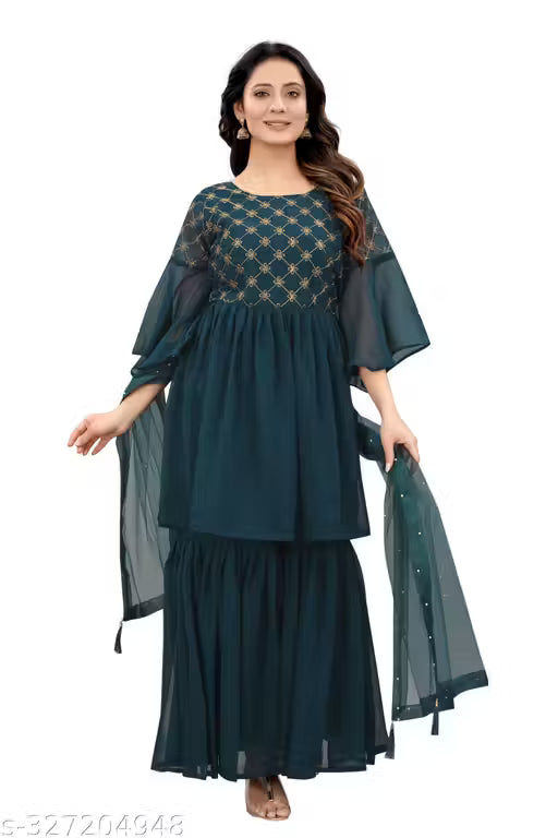 Graceful Georgette Embroidered Sharara Set-light Green