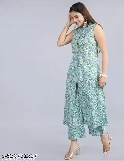 Fancy Rayon Printed sleeveles Kurta With Palazzos Set For Women