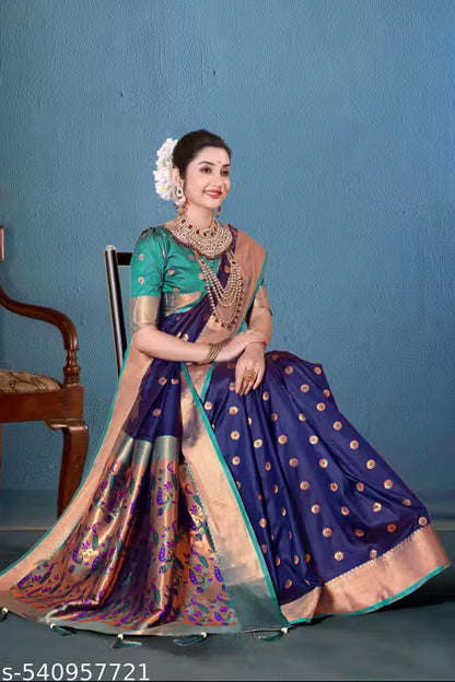 TRENDING PAITHANI RICH PALLU SILK SAREE WITH BLOUSE(BLUE)