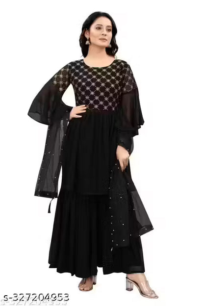 Graceful Georgette Embroidered Sharara Set-Green-Black