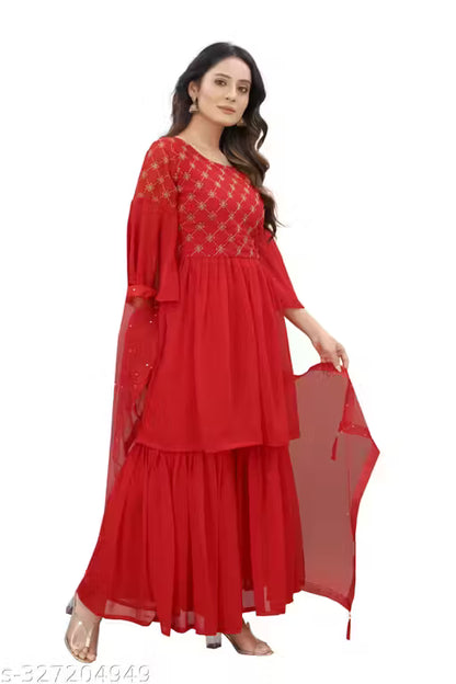 Graceful Georgette Embroidered Sharara Set-Red