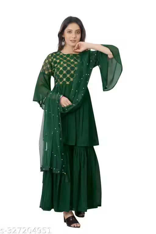 Graceful Georgette Embroidered Sharara Set-Green