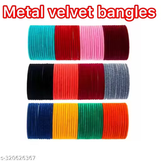 Non-Precious Metal Base Metal with Velvet worked Glossy Finished Bangle Set For Women and Girls, (MultiColour), Pack Of 144 Bangle Set