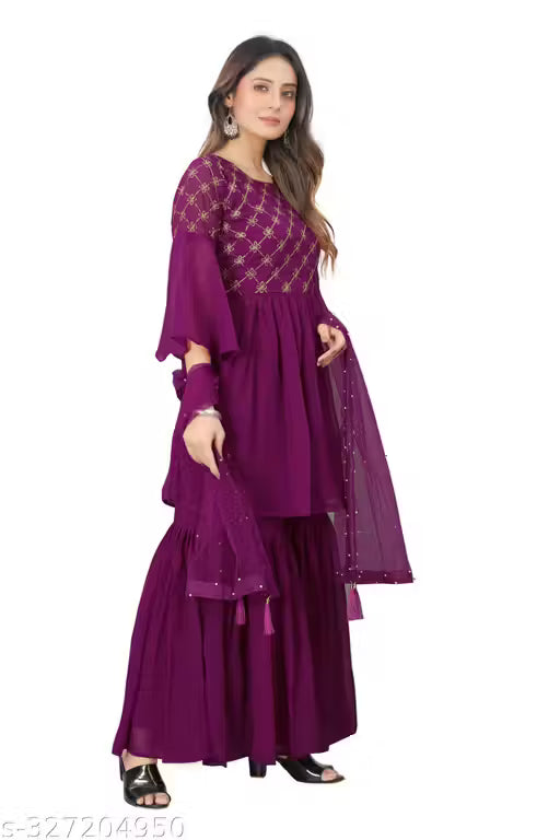 Graceful Georgette Embroidered Sharara Set-Purple