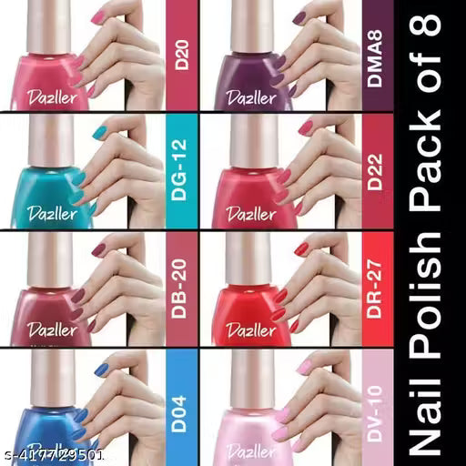 Dazller Quick Dry Long Lasting Nail Polish Pack of 8 Multicolor Combo - Chip Resistant, Acetone-Free Formula, Rich Pigmentation - Distinct Nails