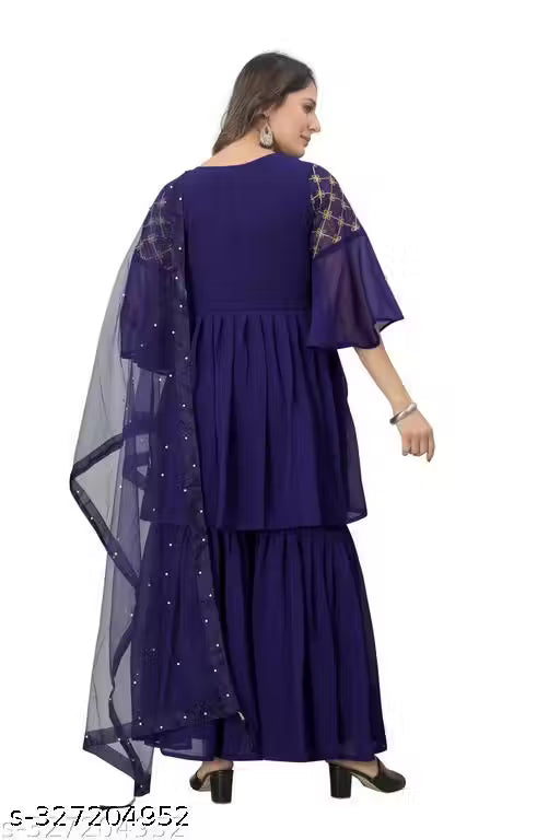 Graceful Georgette Embroidered Sharara Set-Blue