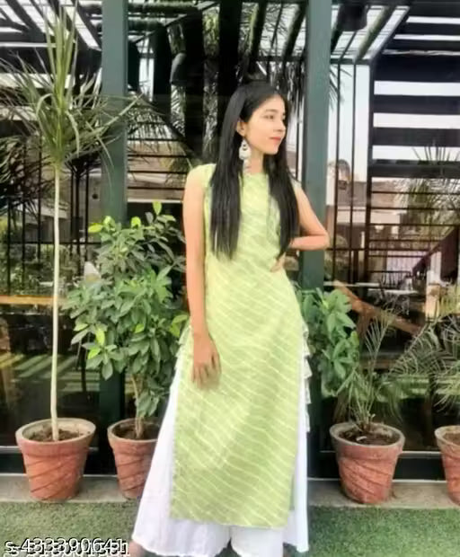 Shikha arts green leheriya sleeveless kurta & white palazzo 2pcs set (Kurta & palazzo)