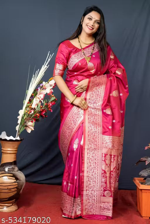 Women's Kanchipuram Pure Silk Saree with Zari-Pink