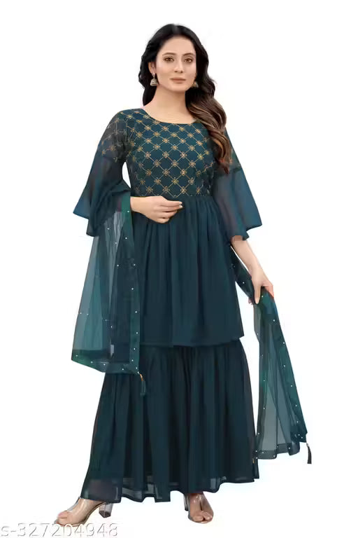 Graceful Georgette Embroidered Sharara Set-light Green