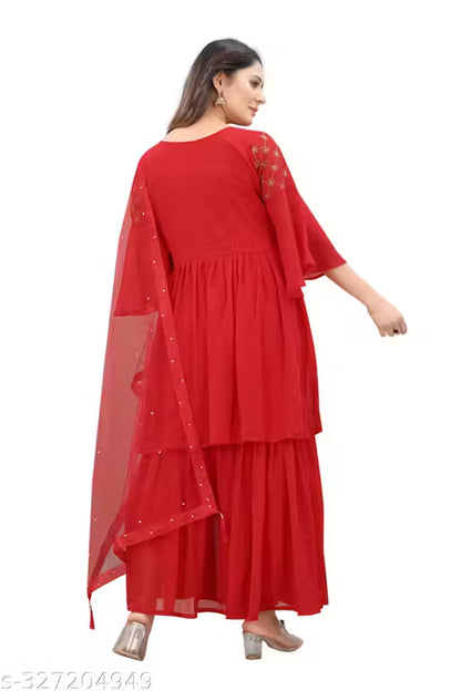 Graceful Georgette Embroidered Sharara Set-Red