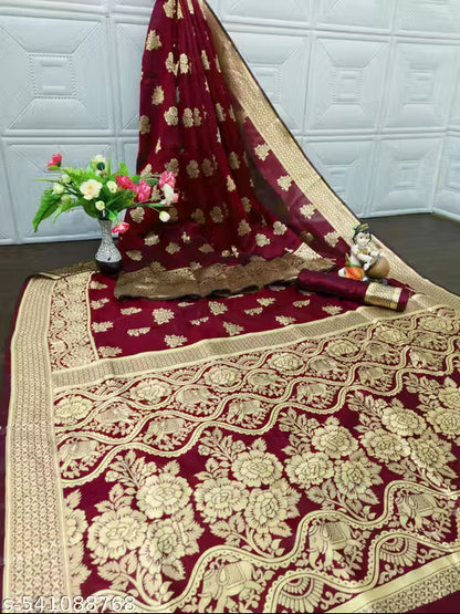 Soft Banarasi Silk Saree with Blouse-Chocolate