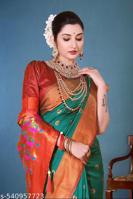 PAITHANI RICH PALLU SILK SAREE WITH BLOUSE(GREEN)