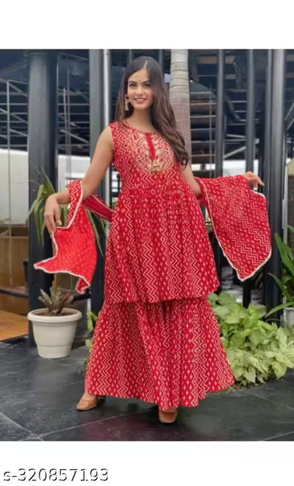 Rayon Kurta With Sharara And Dupatta Set (Red)