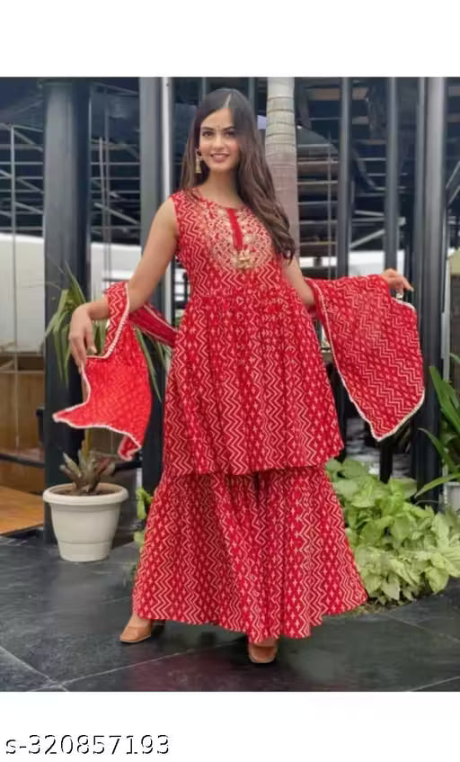 Rayon Kurta With Sharara And Dupatta Set (Red)