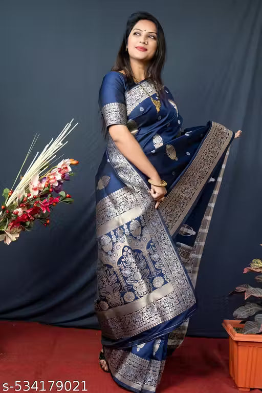 Women's Kanchipuram Pure Silk Saree with Zari-blue