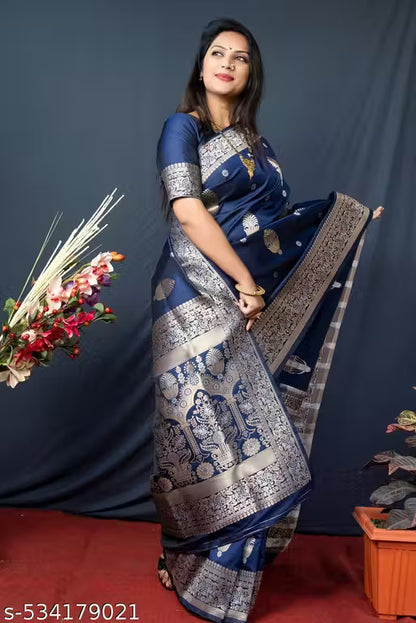 Women's Kanchipuram Pure Silk Saree with Zari-blue