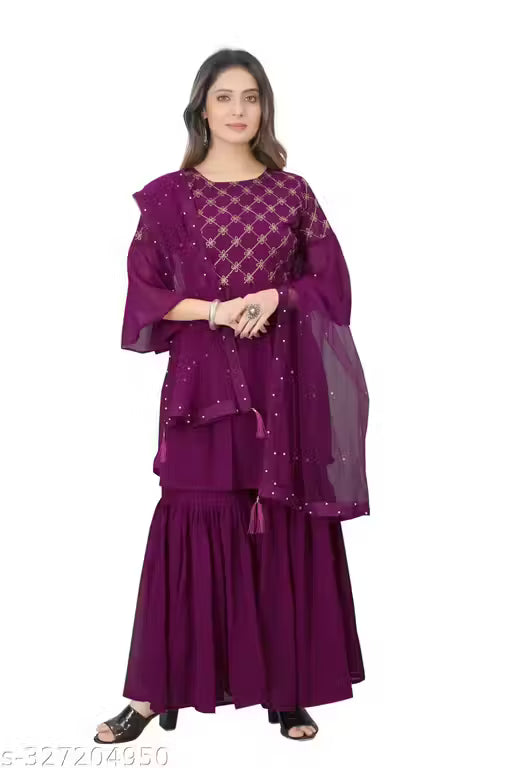 Graceful Georgette Embroidered Sharara Set-Purple