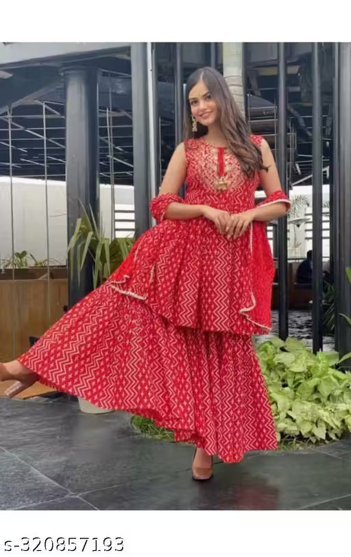 Rayon Kurta With Sharara And Dupatta Set (Red)