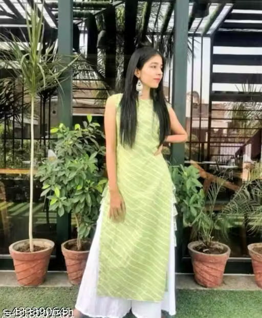 Shikha arts green leheriya sleeveless kurta & white palazzo 2pcs set (Kurta & palazzo)