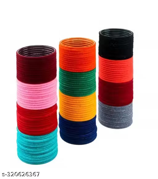 Non-Precious Metal Base Metal with Velvet worked Glossy Finished Bangle Set For Women and Girls, (MultiColour), Pack Of 144 Bangle Set