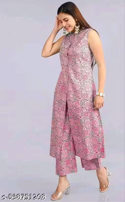 Classic Rayon Printed sleeveles Kurta With Palazzos Set For Women- Pink