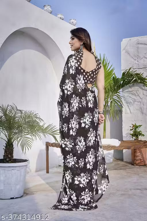 Party Wear Bollywood Style Floral Printed Saree with Unstitch Blouse Piece