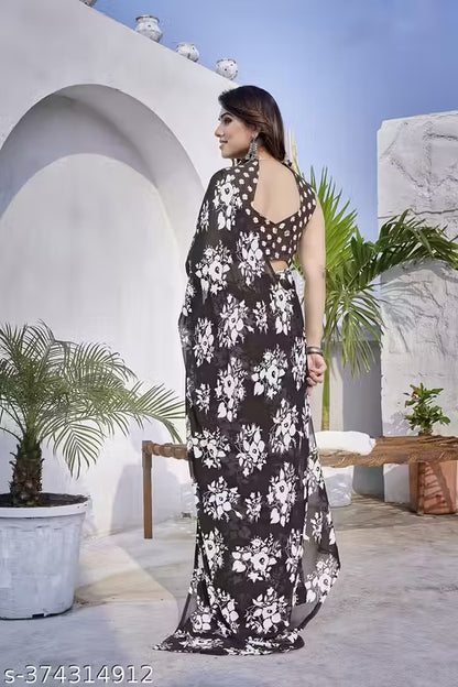 Party Wear Bollywood Style Floral Printed Saree with Unstitch Blouse Piece